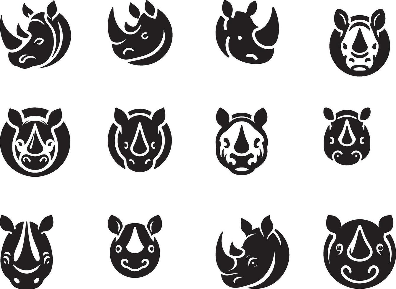 A collection of twelve black and white rhino head illustrations in various stylized designs and orientations vector