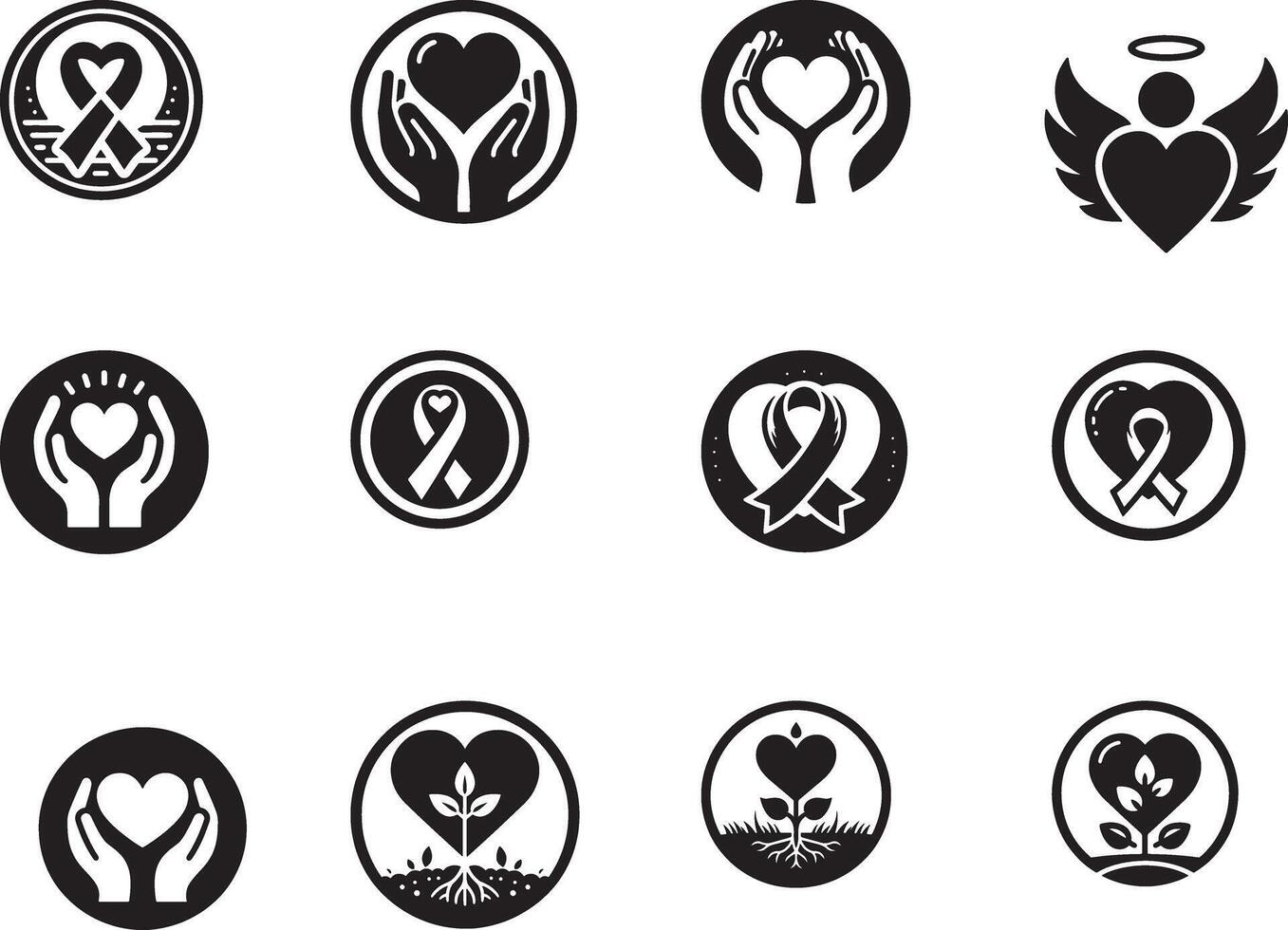 Collection of black and white icons depicting hearts ribbons and hands in circular designs vector