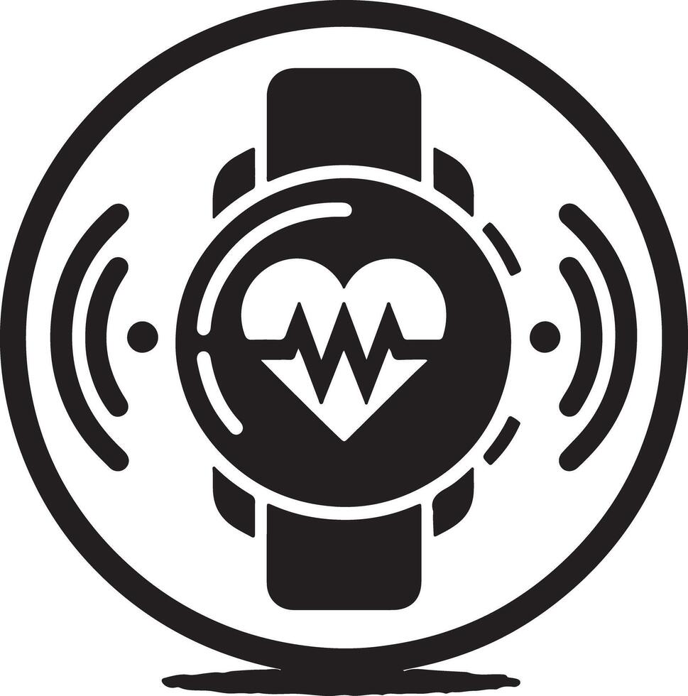 Illustration of a black smart watch with a heart rate monitor inside a circle vector