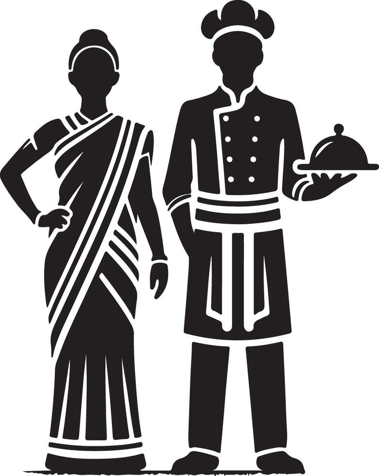 Silhouette of woman in saree and chef holding dish on white background art vector