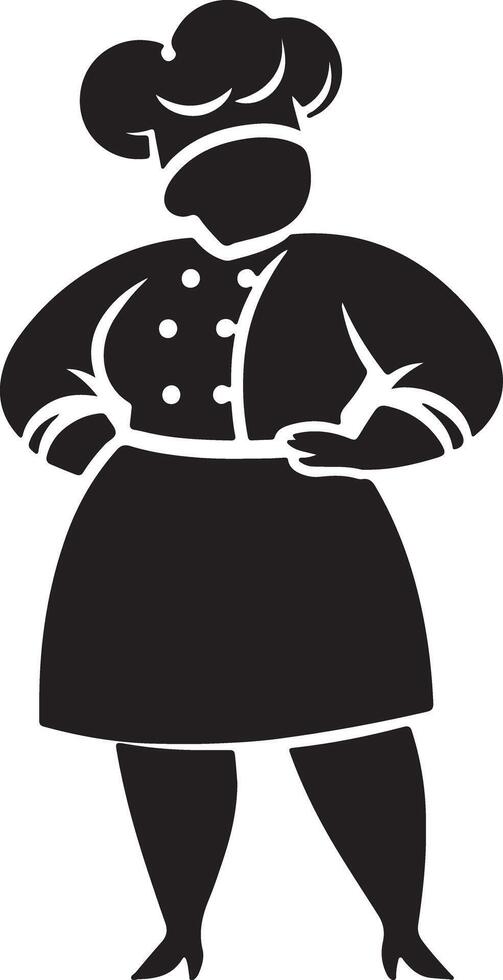 Black silhouette of a chef in uniform with hands on hips against a white background vector