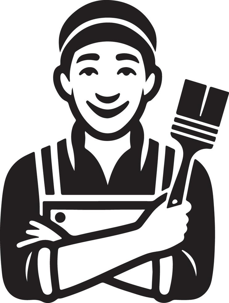 A black and white illustration of a smiling painter holding a paintbrush with crossed arms and a hat vector