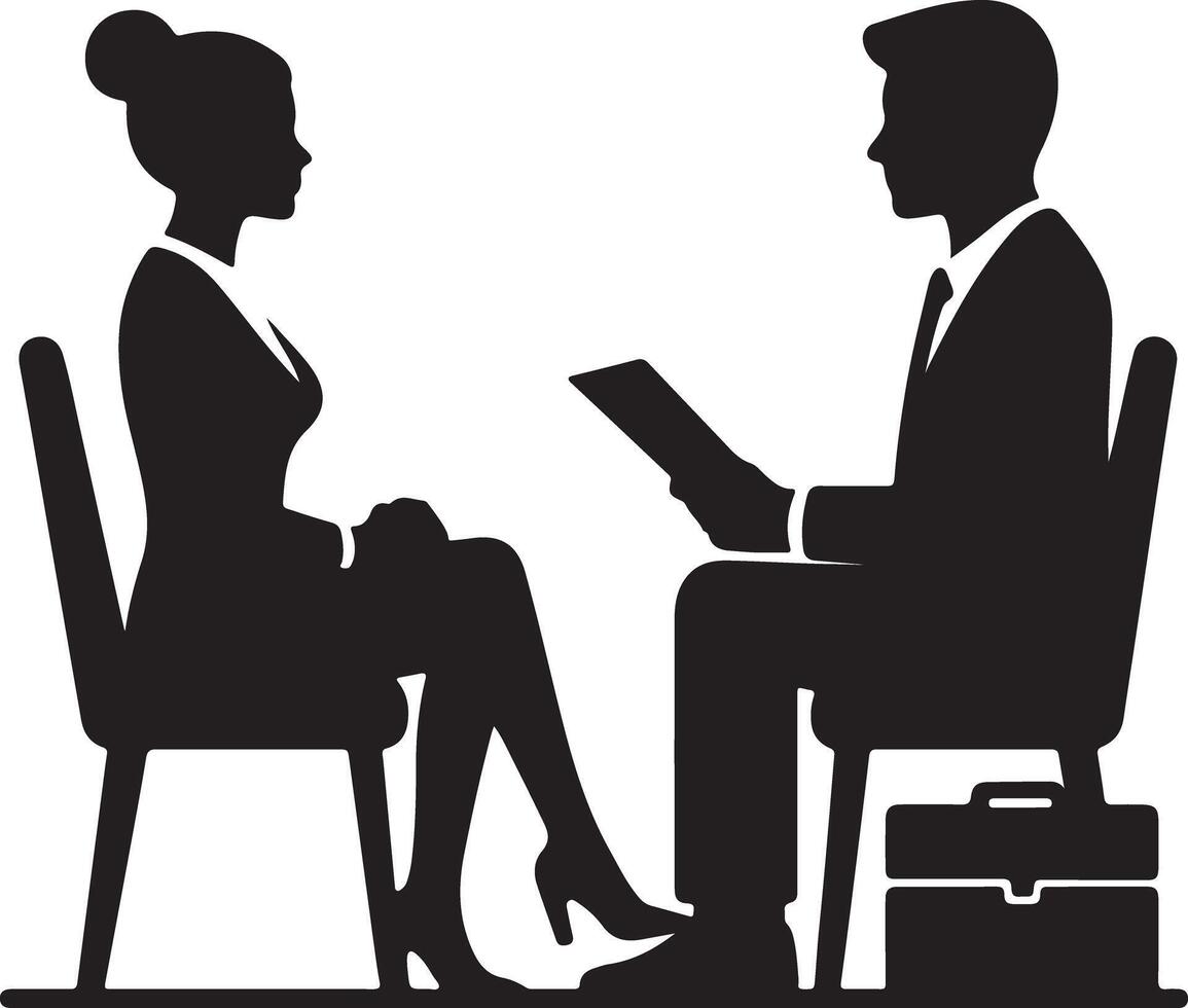 Silhouette of woman and man sitting in chairs with briefcase in a business meeting illustration vector