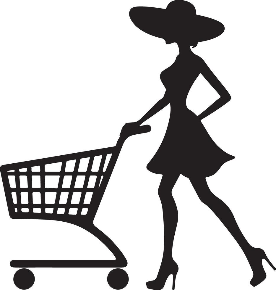 A silhouette of a woman in a dress and hat pushing a shopping cart on a white background design vector