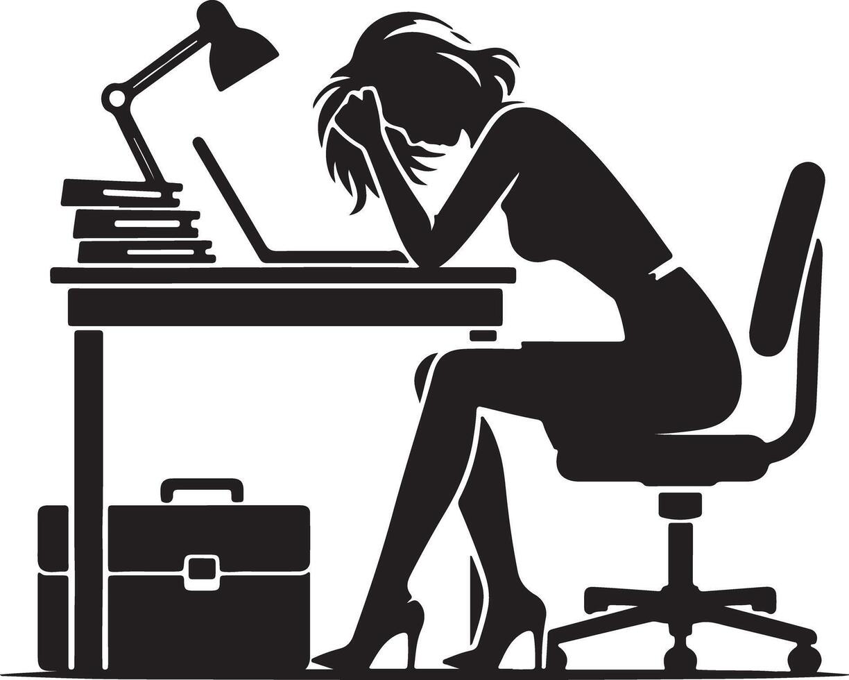 Silhouette of woman at desk with laptop books lamp and briefcase in a stressful pose at office vector