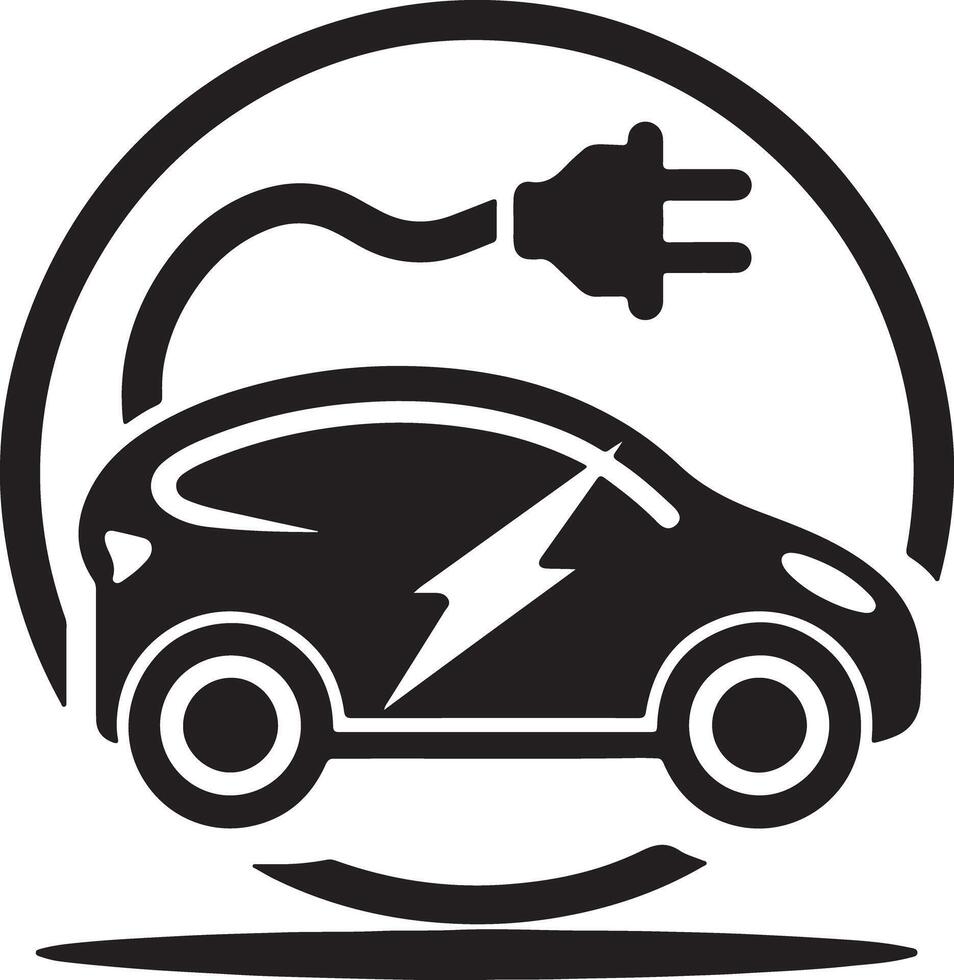 Electric car icon with plug and lightning bolt inside a circle in black and white vector