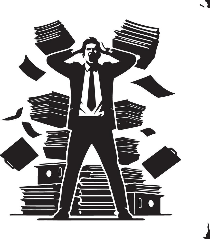 Illustration of a stressed businessman with hands on head amidst falling paper stacks in black and white vector
