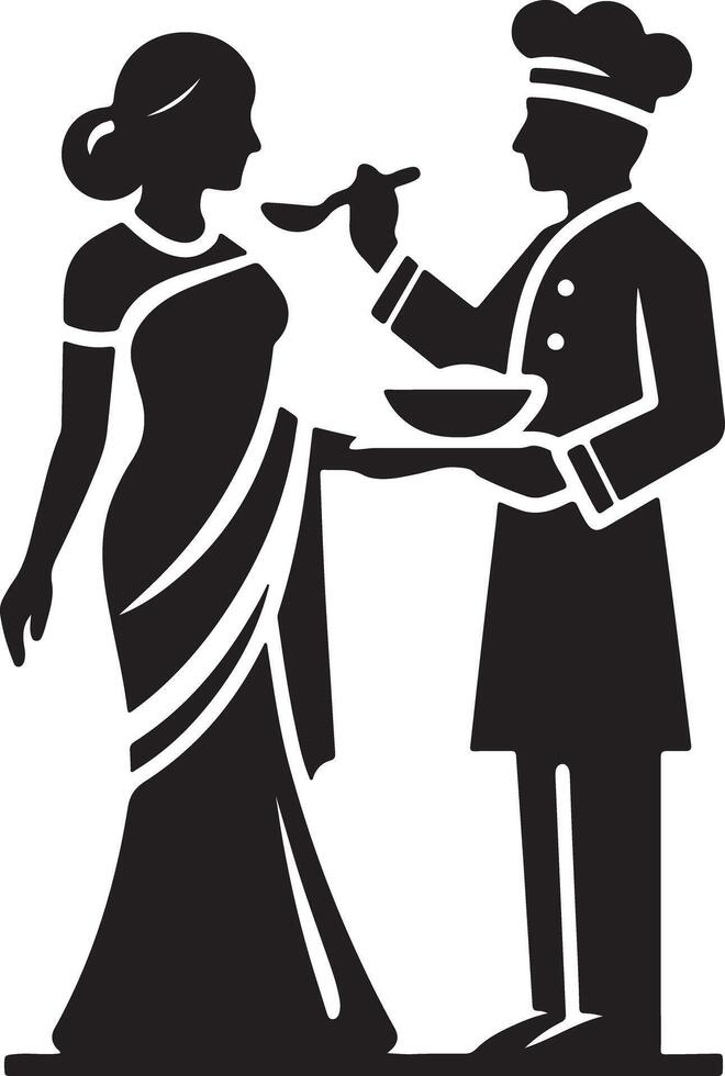 Chef feeding a woman in a saree with a spoon from a bowl in black and white vector