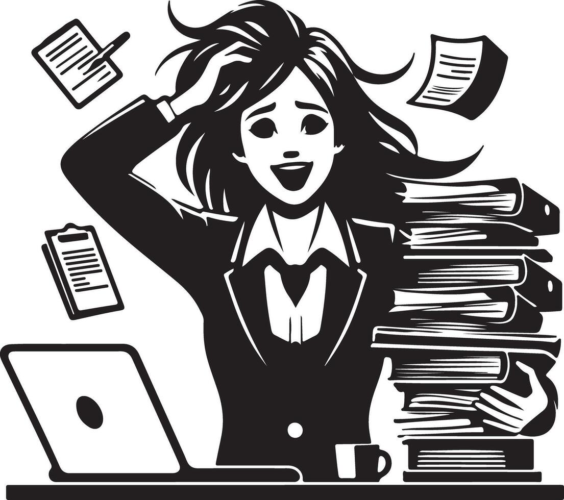 Woman overwhelmed with work surrounded by documents and a laptop in a black and white illustration vector
