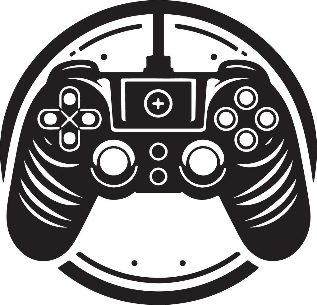 A black and white graphic of a game controller inside of a circular design element vector