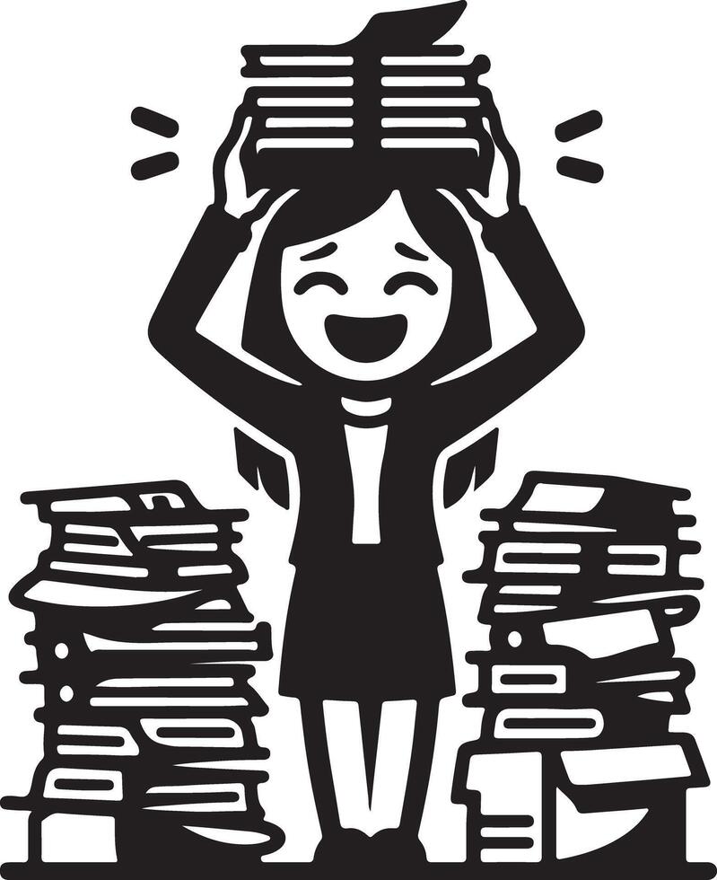 Woman with piles of papers and documents holding a stack on her head in black and white style vector