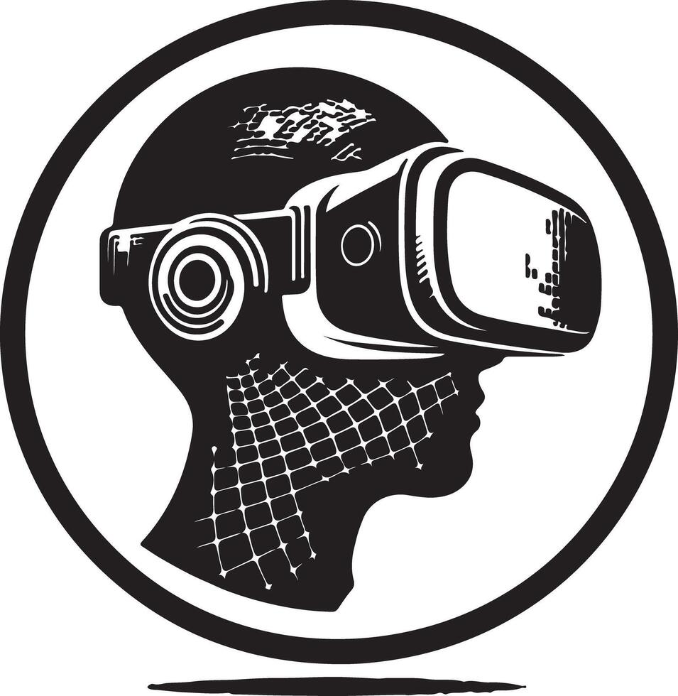 Stylized illustration of a head wearing a vr headset inside a black and white circle vector