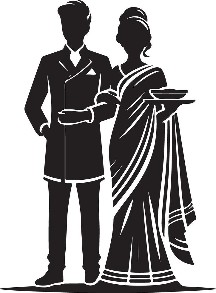 Silhouette of a man in a suit and a woman in a sari holding a plate together vector