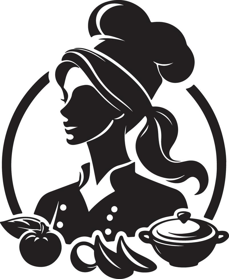 Silhouette of a female chef with vegetables and a cooking pot in a circular frame vector