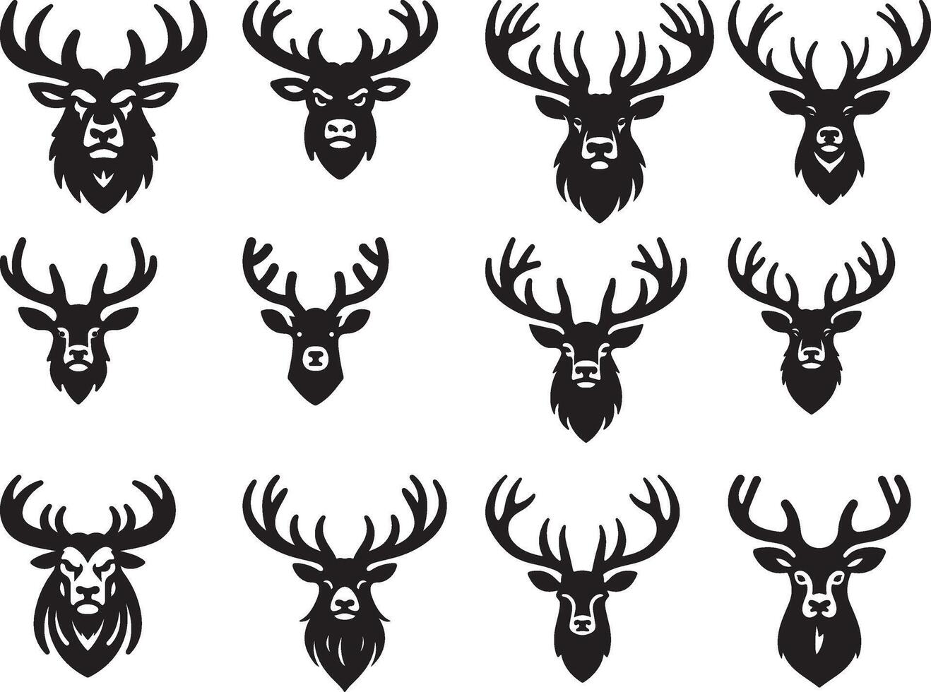 Collection of twelve black and white deer head illustrations with various antler designs and facial features vector