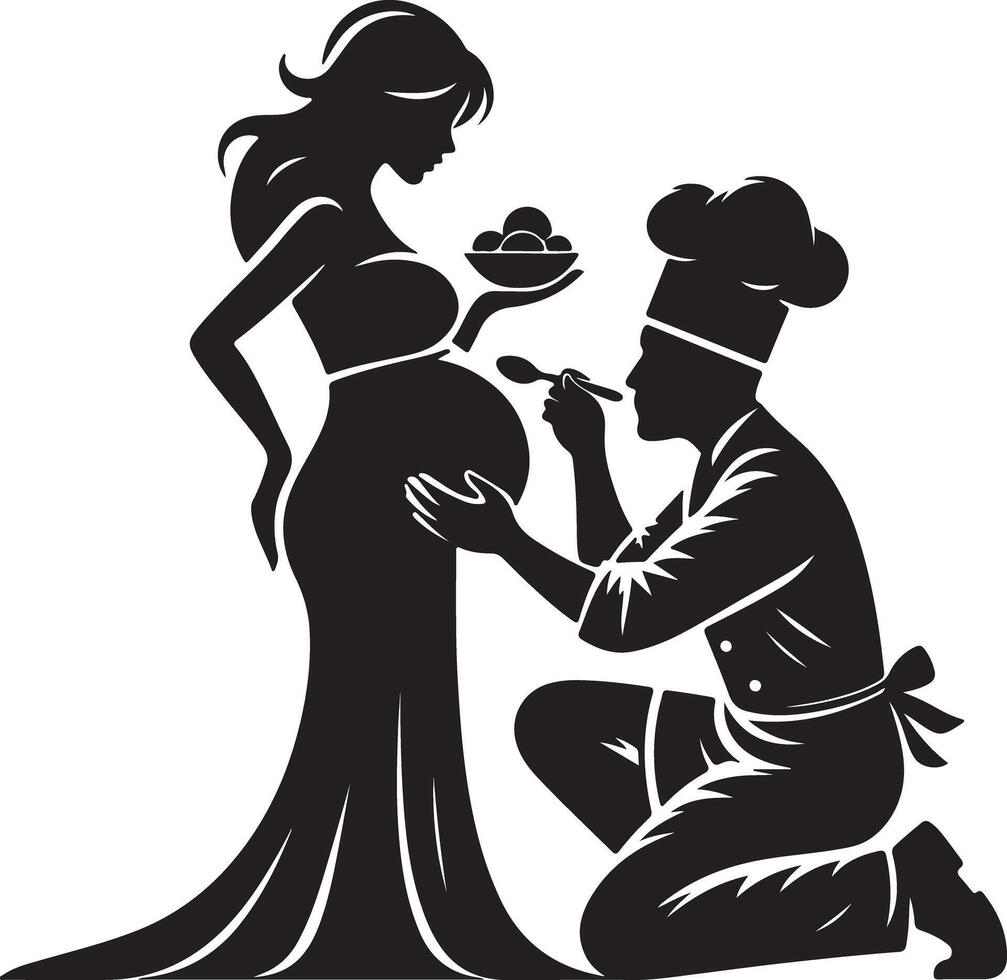 Silhouette of pregnant woman with chef decorating belly with food in black and white vector