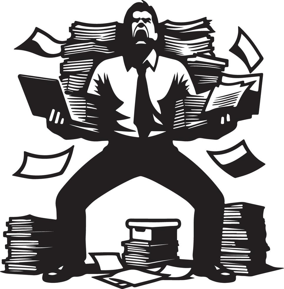 A stressed man surrounded by stacks of papers and holding a laptop in a black and white illustration vector
