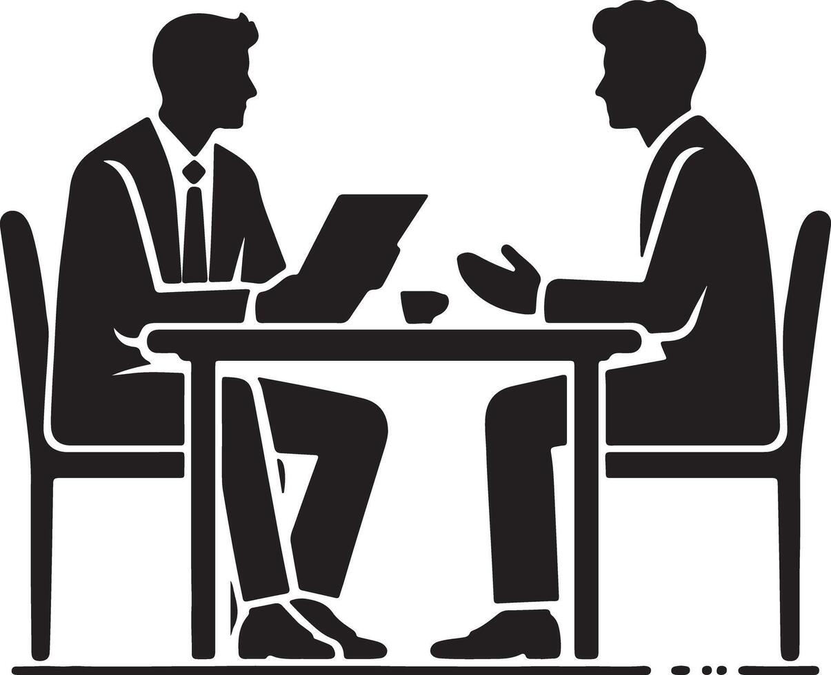 Two men in suits sitting at a table in silhouette having a discussion with a document and coffee cup vector
