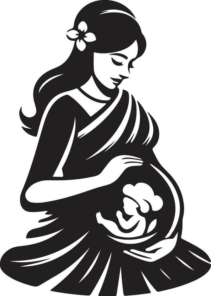 Stylized illustration of pregnant woman with baby inside her womb in black and white vector
