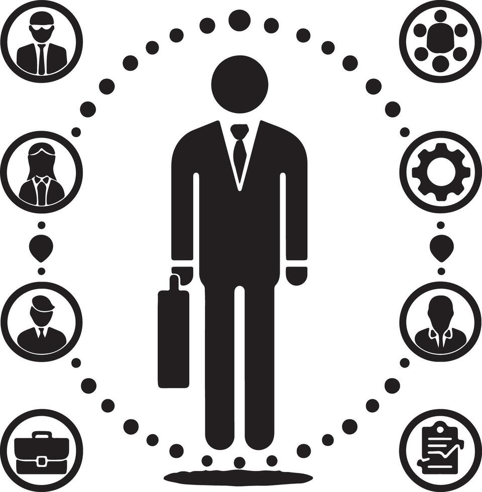 A black and white illustration of a business man with a briefcase surrounded by business icons vector