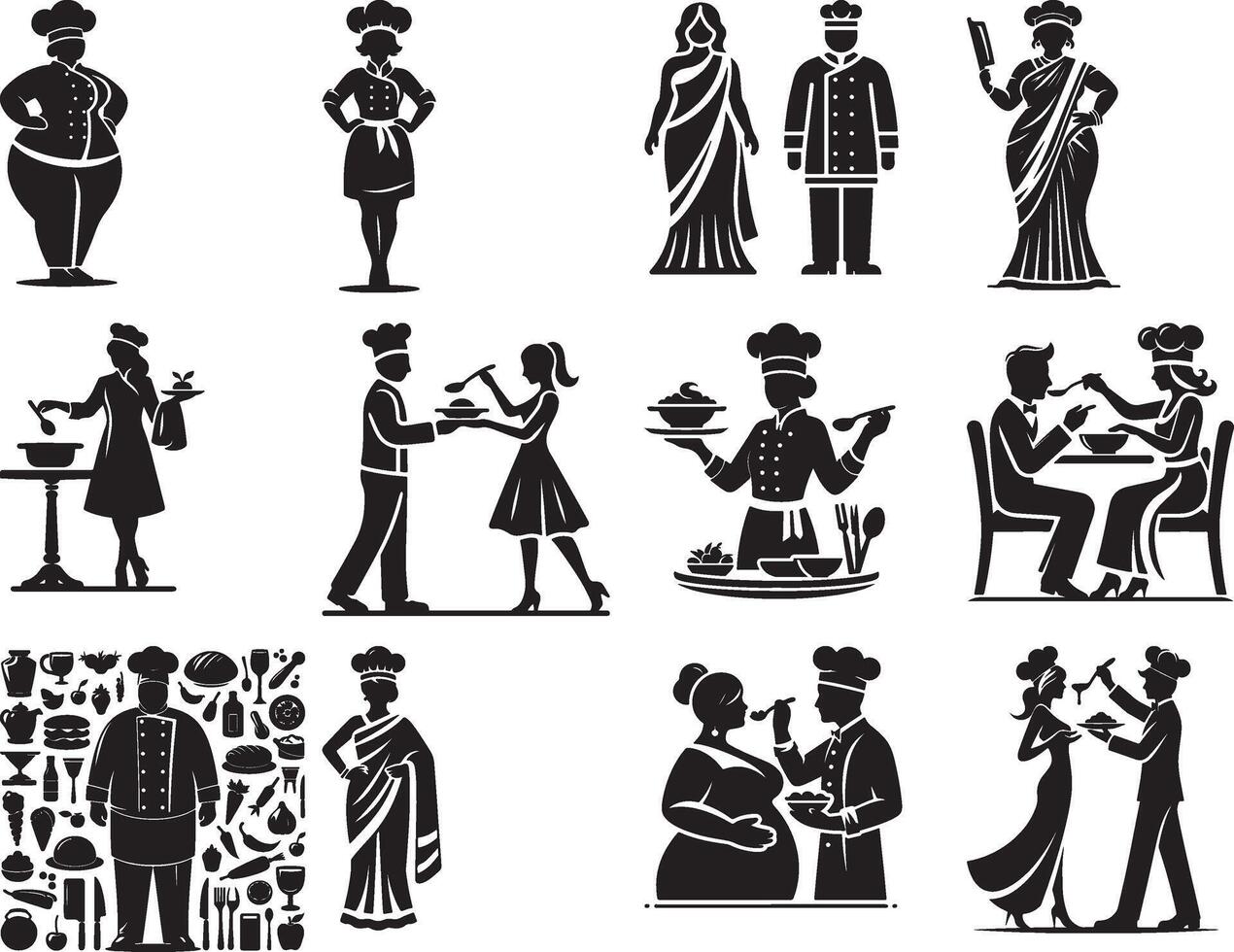 Illustrations of chefs, diners, and food related items in black and white silhouette style art vector