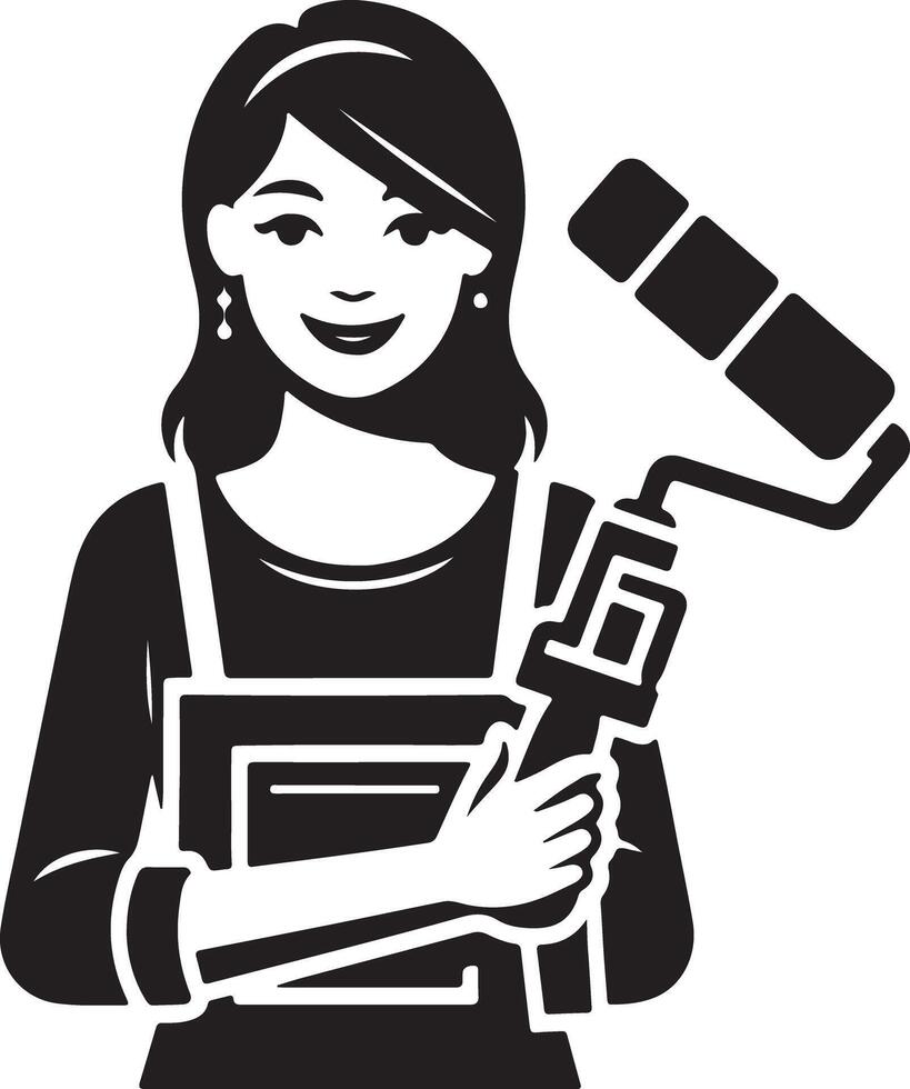 A woman holding a paint roller with a smile and wearing an apron in a black and white illustration vector
