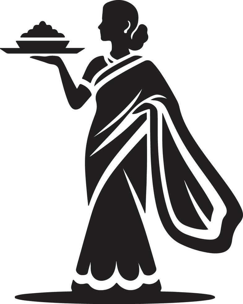 Silhouette of a woman in a sari holding a tray with food in a black and white image vector