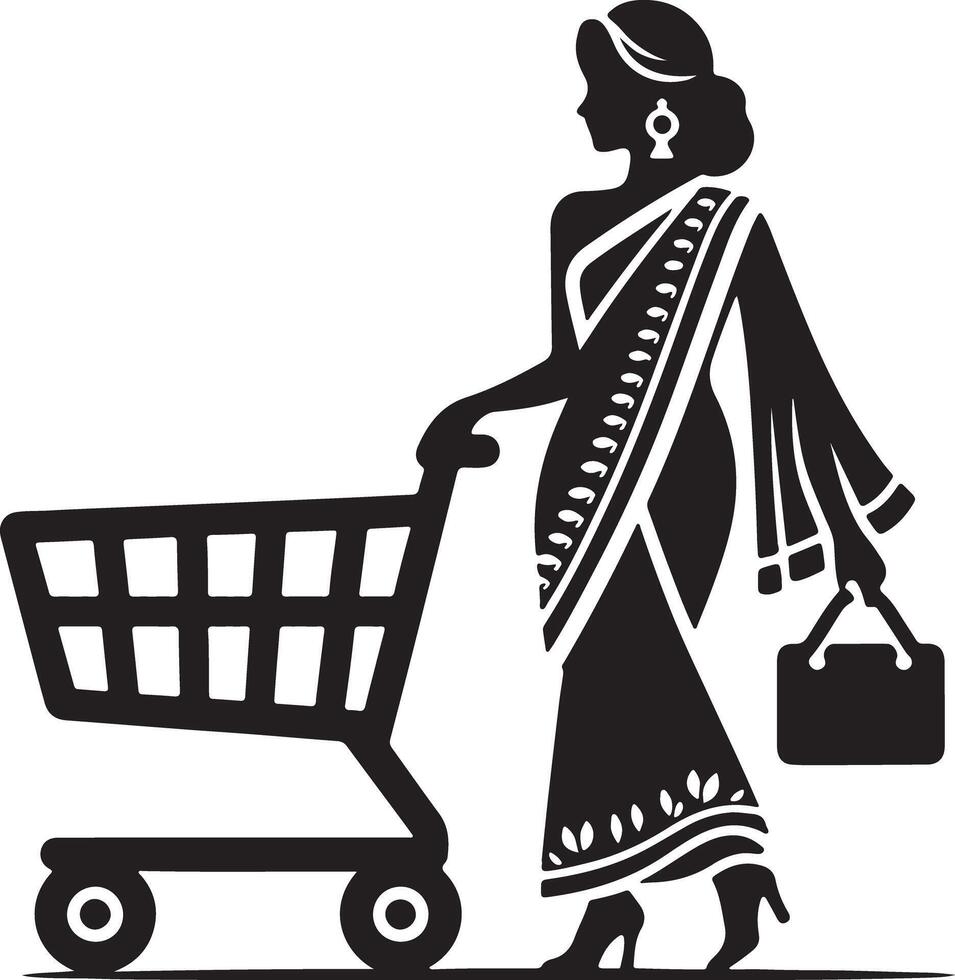 Silhouette of woman in sari pushing shopping cart and holding bag in black and white design style vector