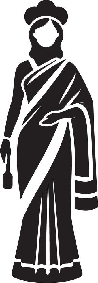 Illustration of a woman in a sari and chef hat holding a spatula in black and white vector