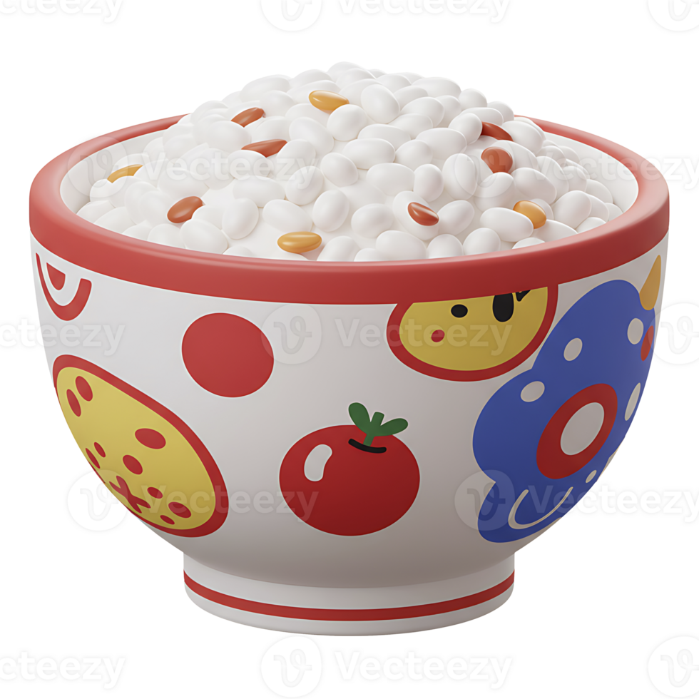 Cartoon illustration of a bowl filled with rice and decorative vegetables design png