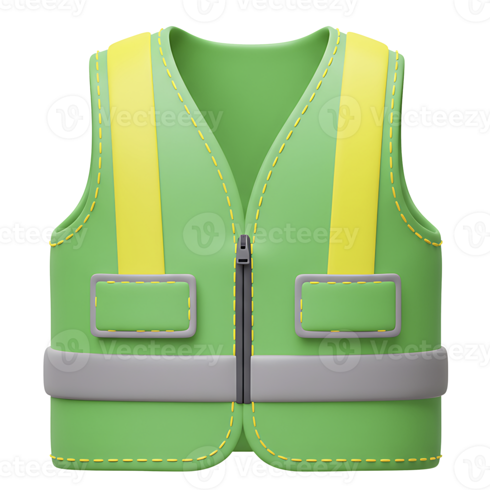 Green 3d rendered safety vest with yellow stripes and zipper for construction workers png