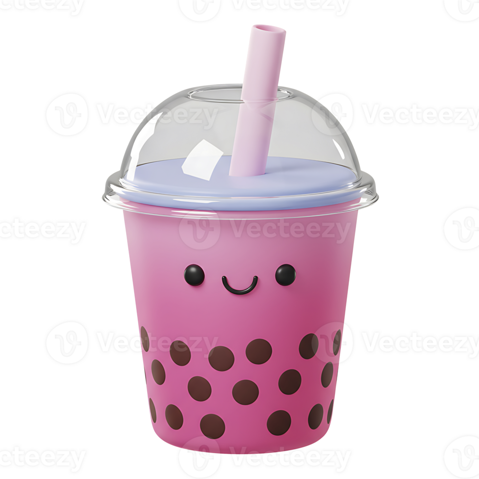 Adorable pink boba tea drink with cute facial features and clear lid presentation png