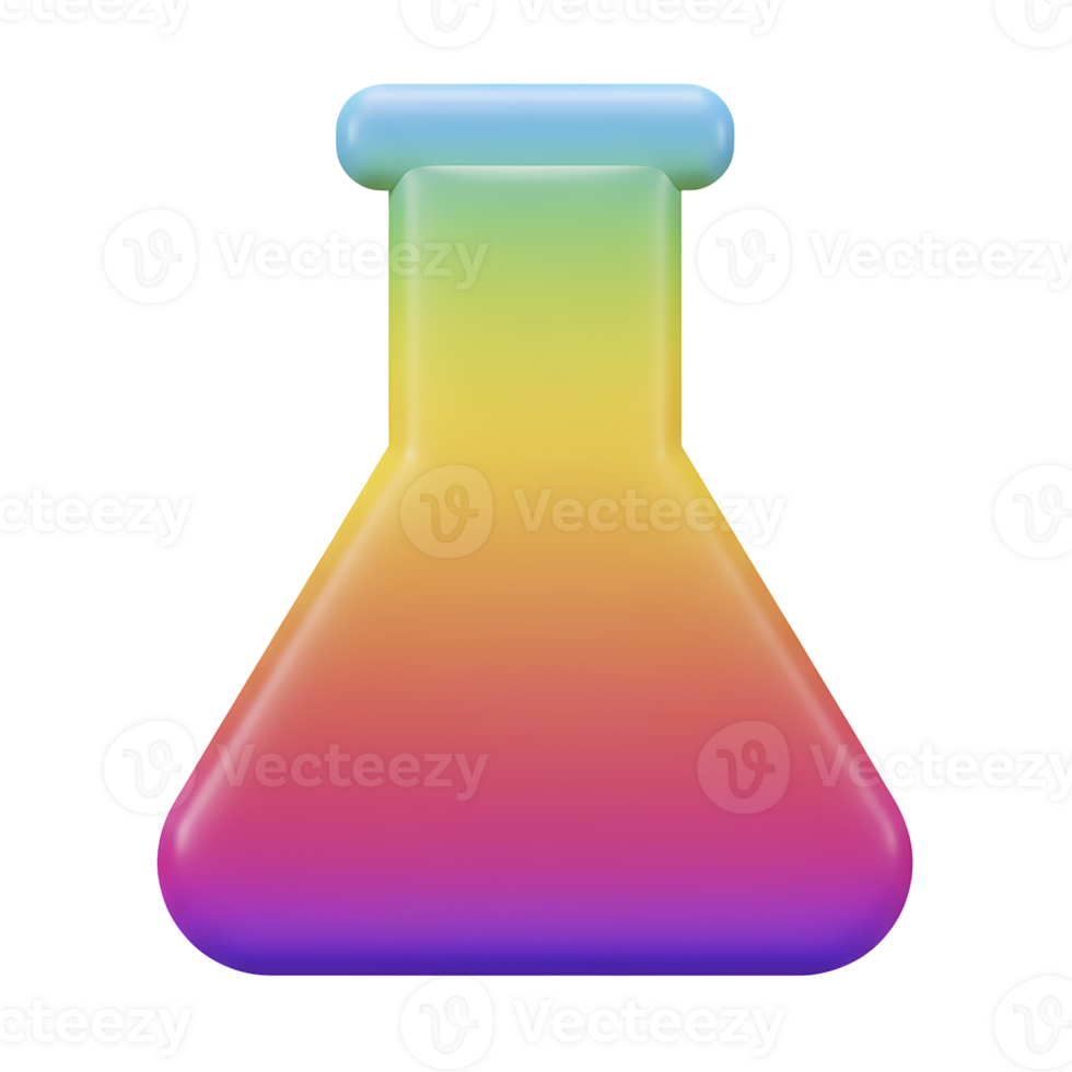 Colorful 3d render of a laboratory flask with a gradient rainbow color scheme png