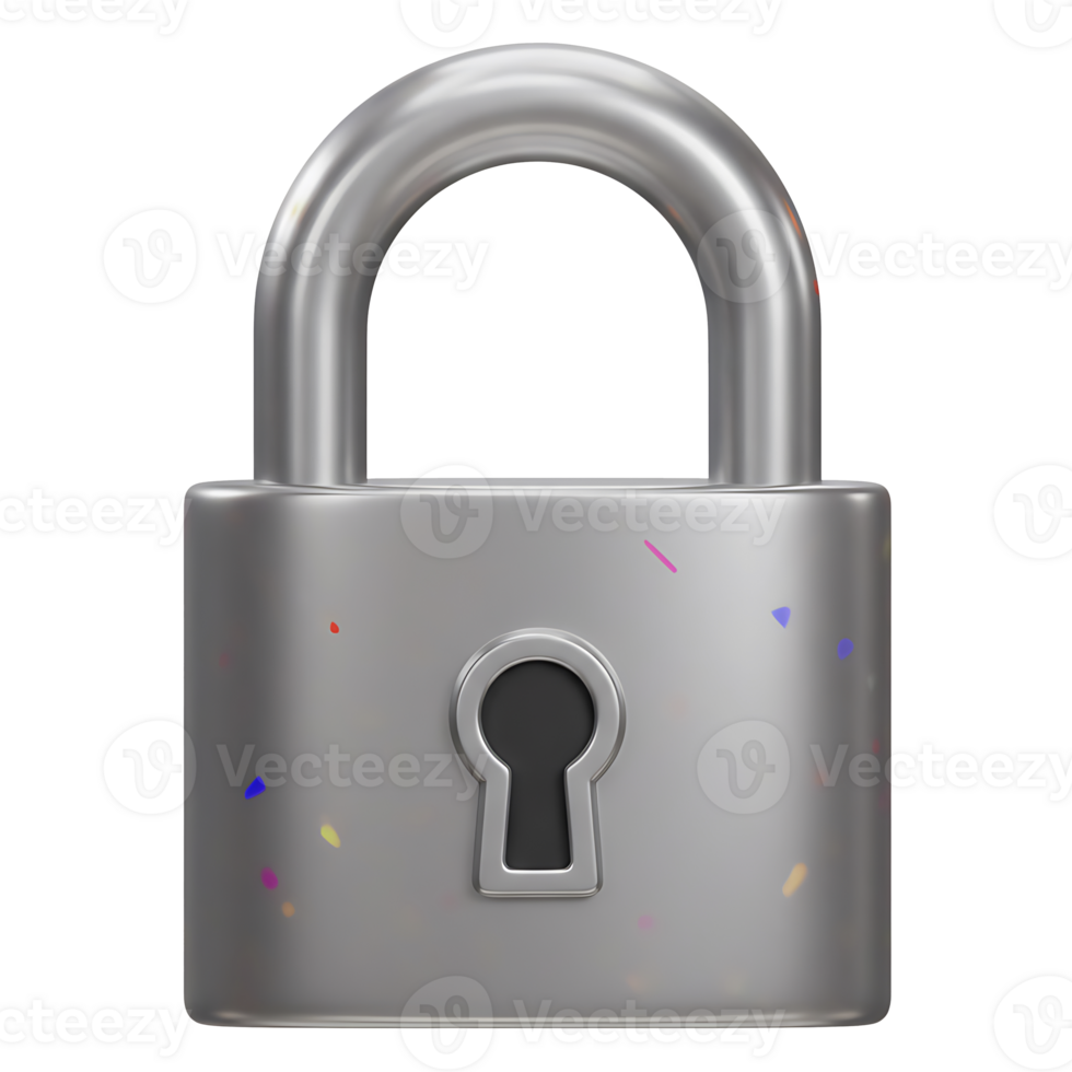 Close up rendered image of a shiny silver padlock with keyhole and decorative confetti elements png