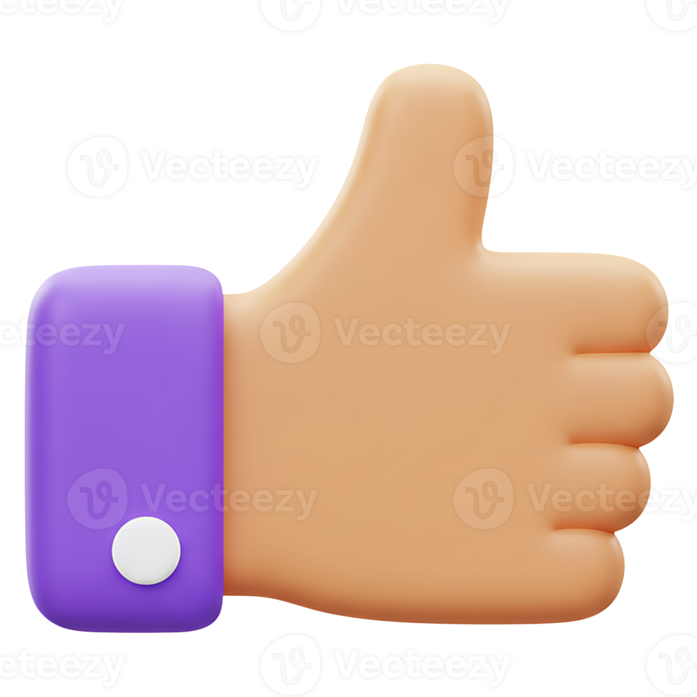 3d rendered thumb up hand gesture icon purple color modern social media concept png