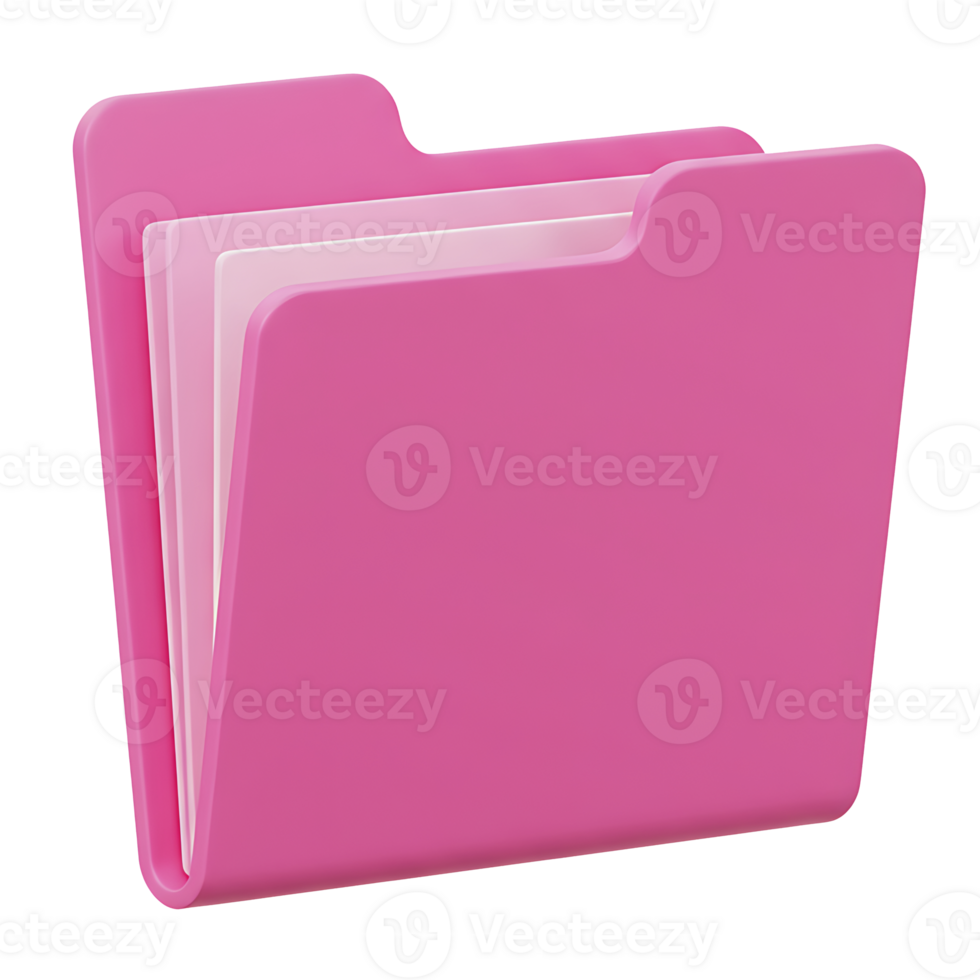 A 3d render of a pink folder with documents inside on a transparent background png