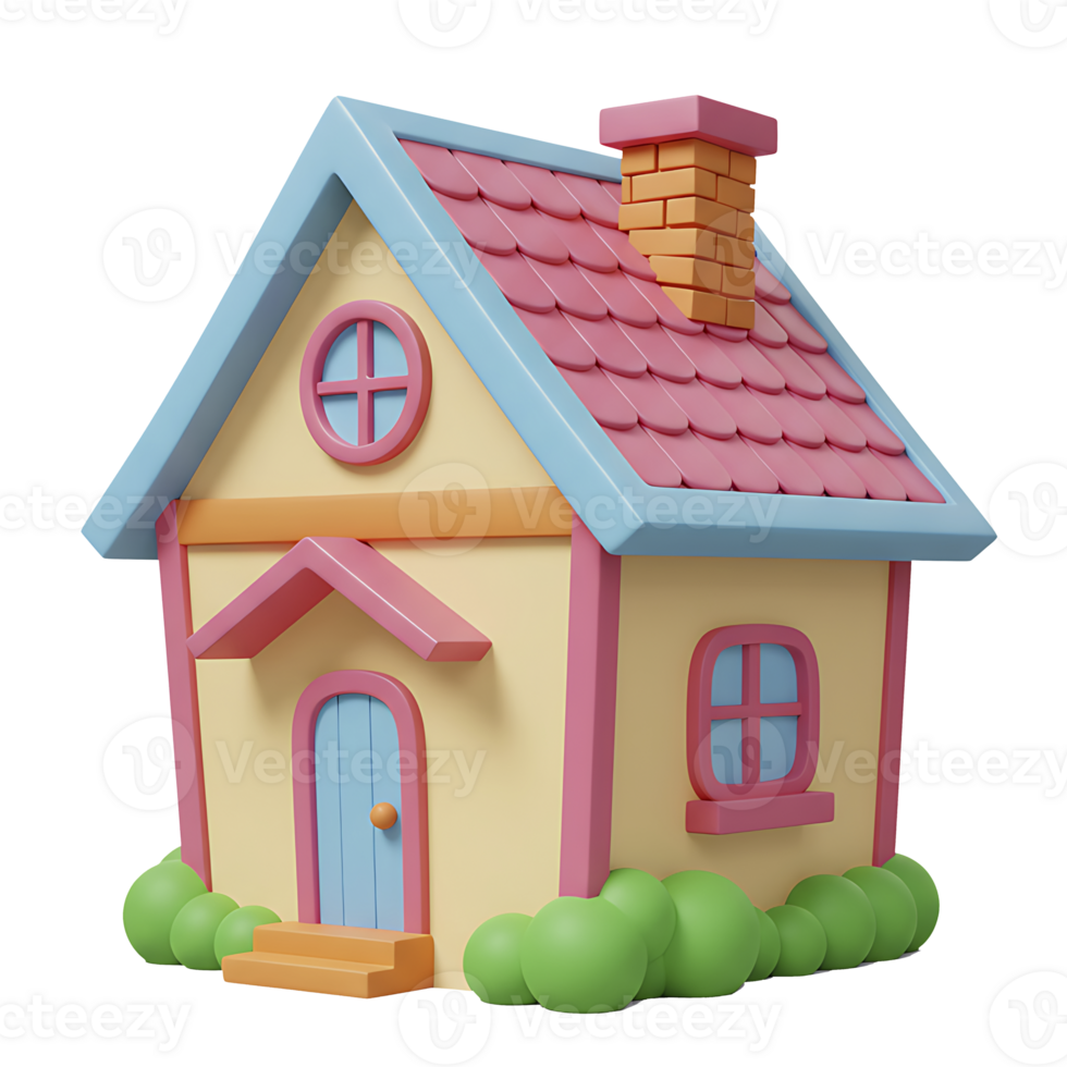 Playful 3d rendered illustration of a whimsical cartoon house with cheerful colors png