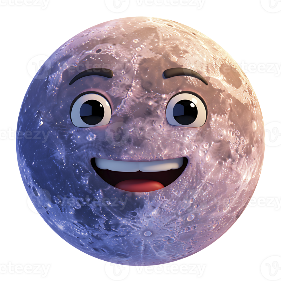 Smiling moon illustration showing a happy cartoon face with realistic surface textures and shadows png