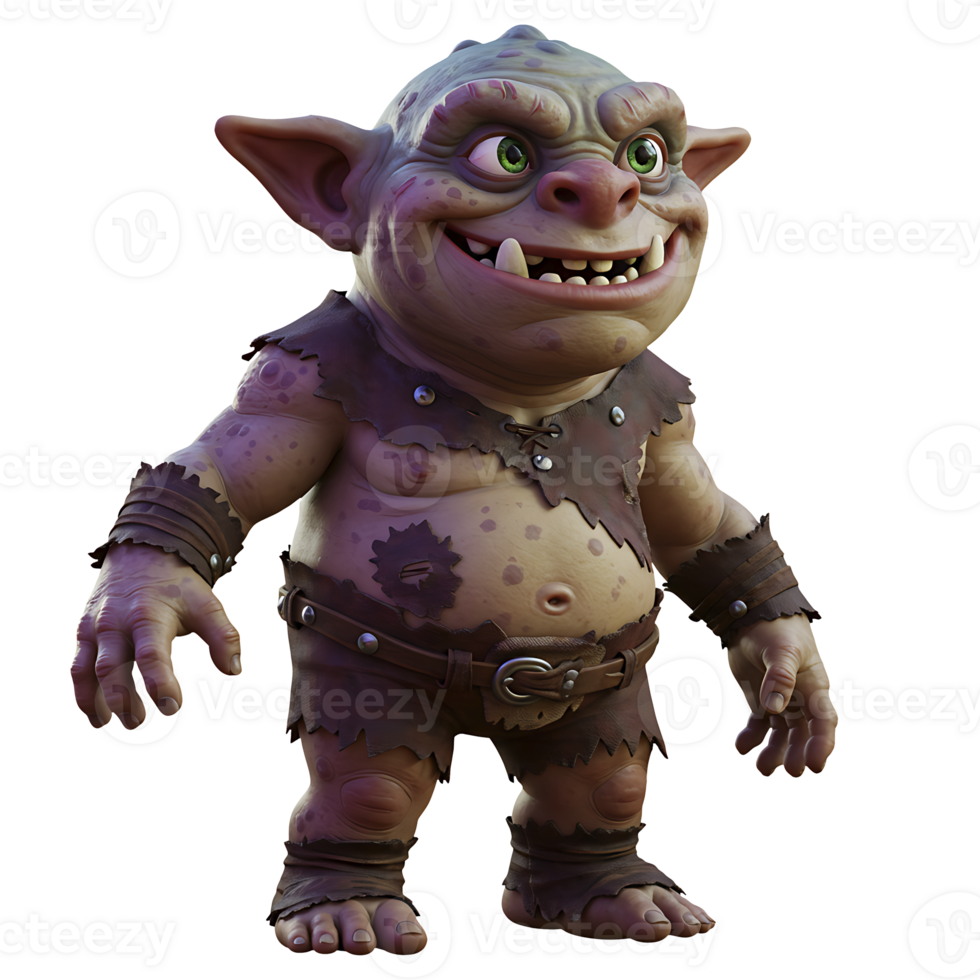Smiling cartoon goblin character illustration with large ears and green eyes looking up png