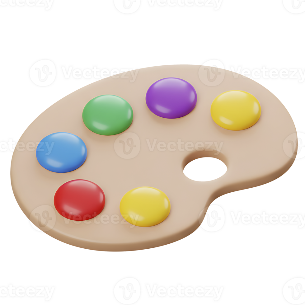 Colorful 3d rendered paint palette featuring various vibrant paint colors and smooth design png