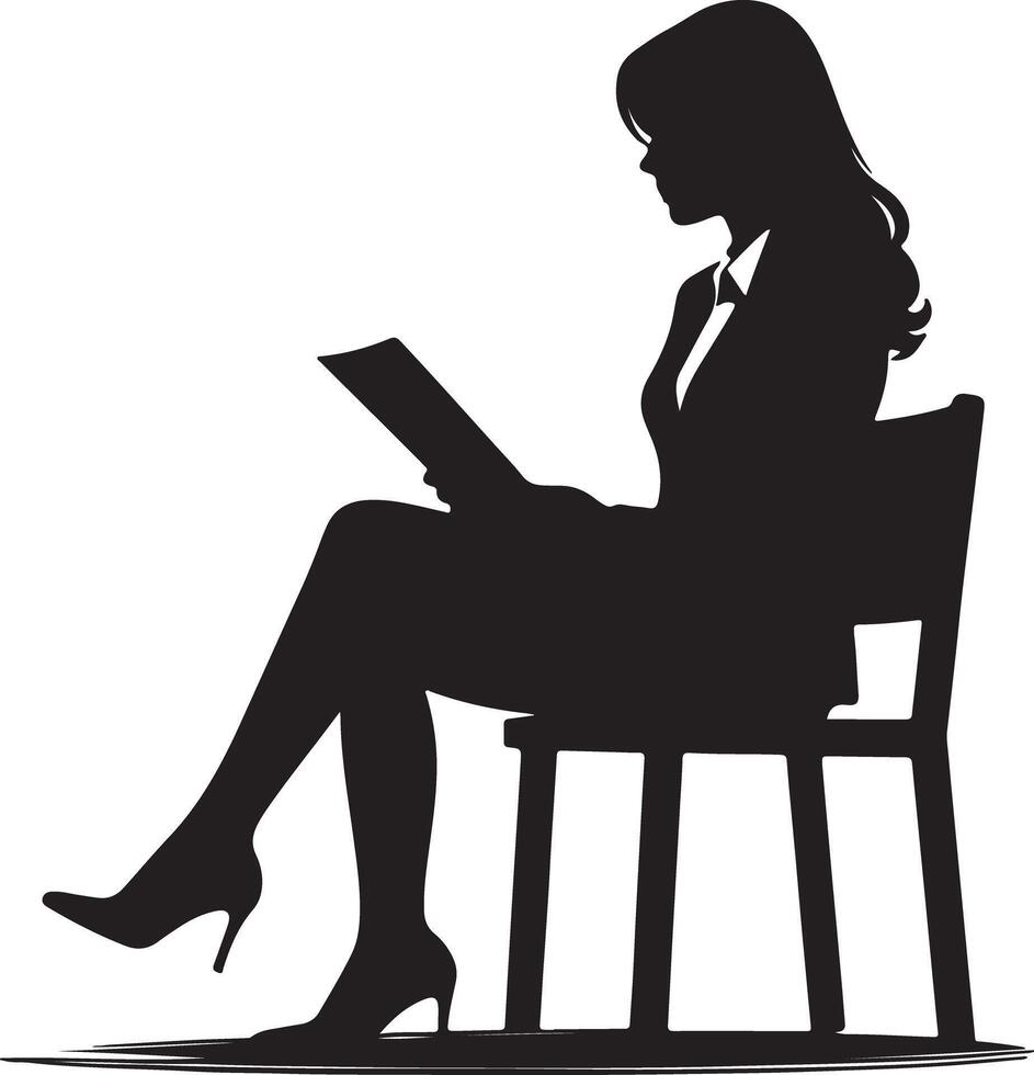 Silhouette of woman sitting on chair reading a document in suit and heels isolated on white background vector