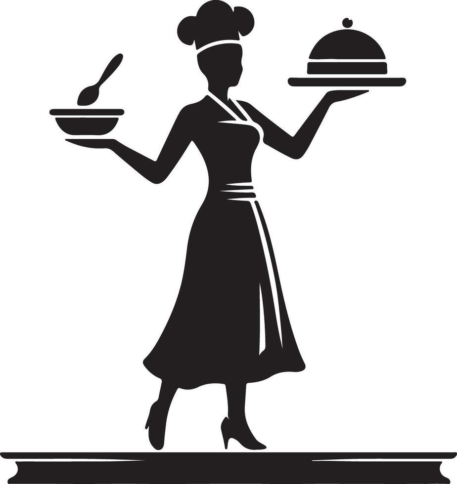 Silhouette of a female chef holding a bowl and a covered dish on a white background vector
