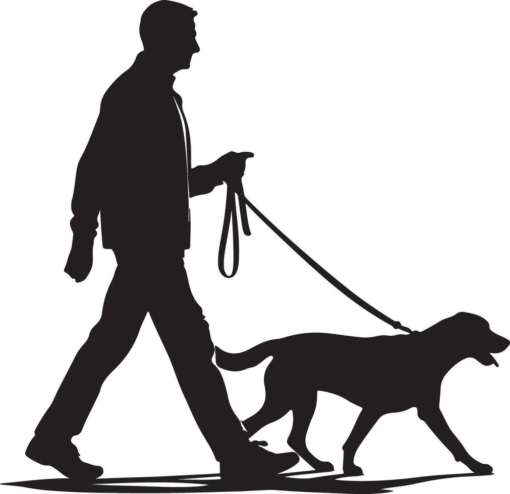 Silhouette of a man walking a dog on a leash in a side profile view against a white background image vector