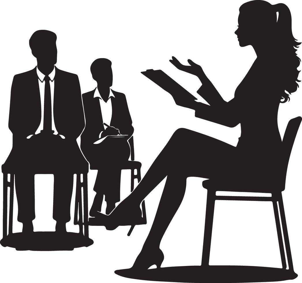 Silhouette of a woman presenting to two seated men in suits in a business meeting setting style vector
