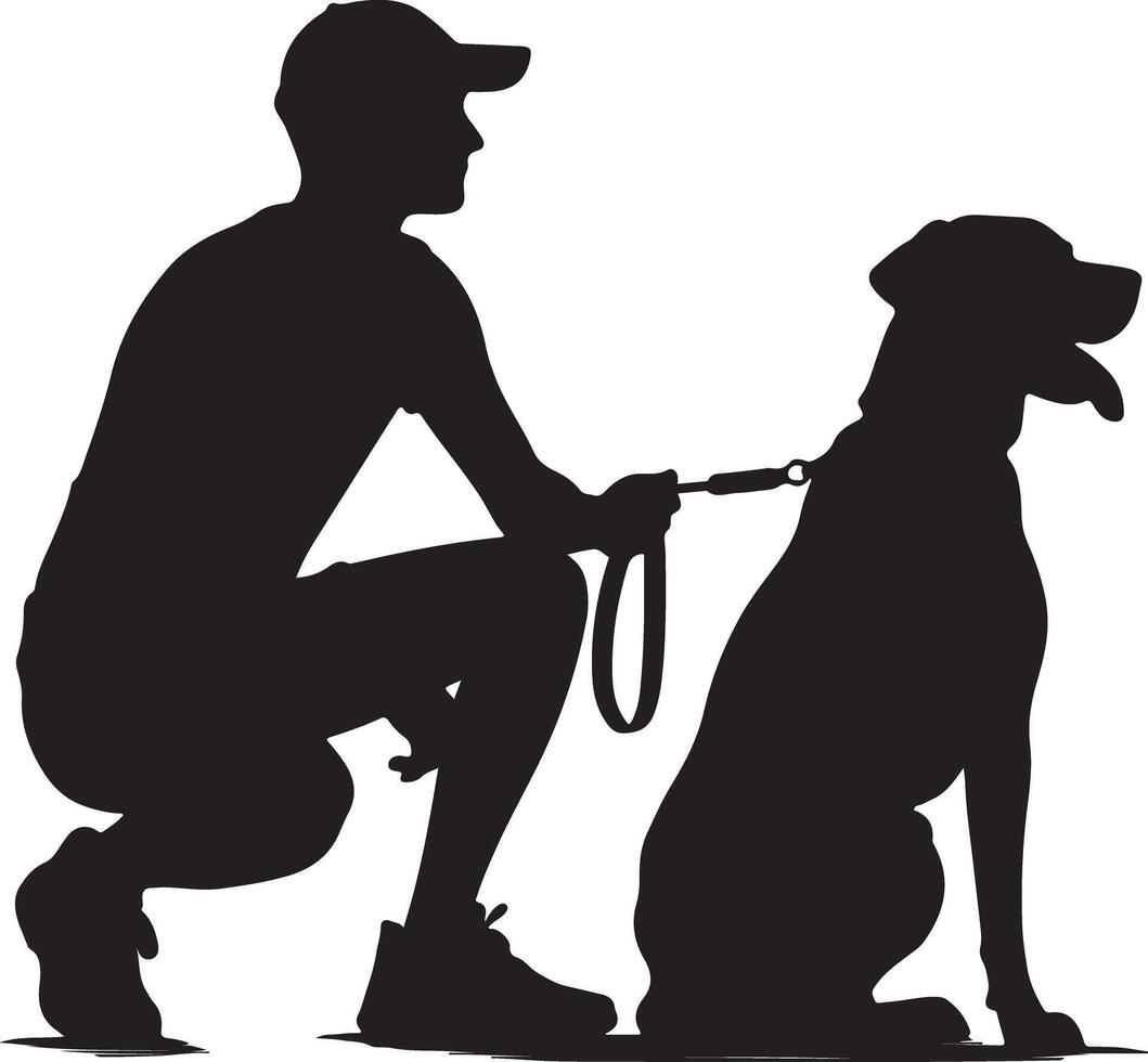 Silhouette of a person crouching with a dog on a leash in a black and white illustration vector