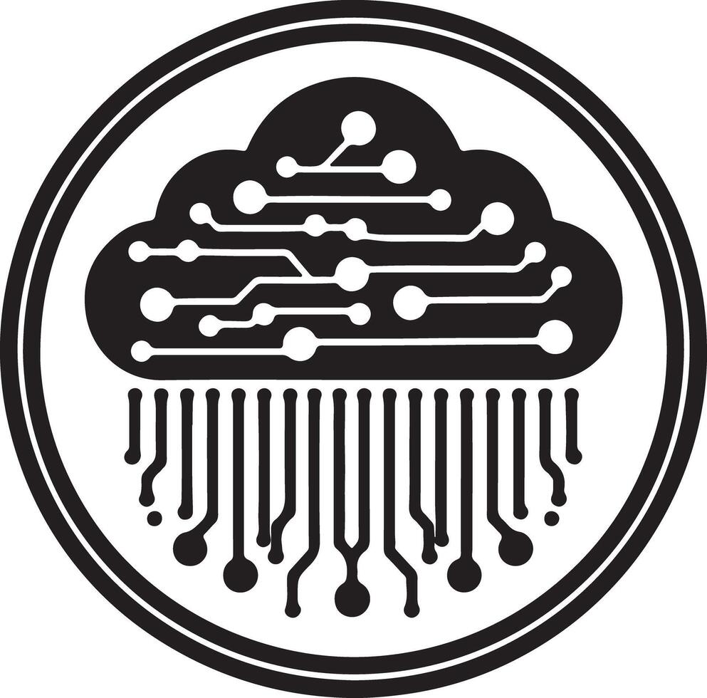 Digital cloud with circuit board design inside a circular frame in black and white vector