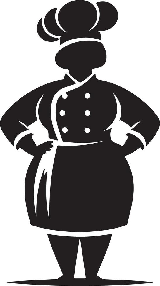 Silhouette of a chef with hands on hips wearing a chef's hat and apron in black vector