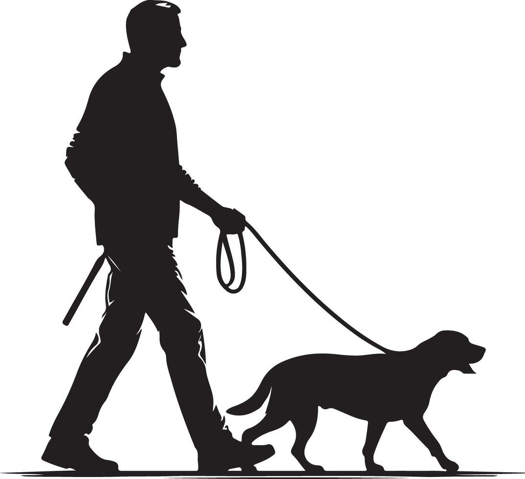 Silhouette of a man walking a dog on a leash with a cane in hand against a white background art vector