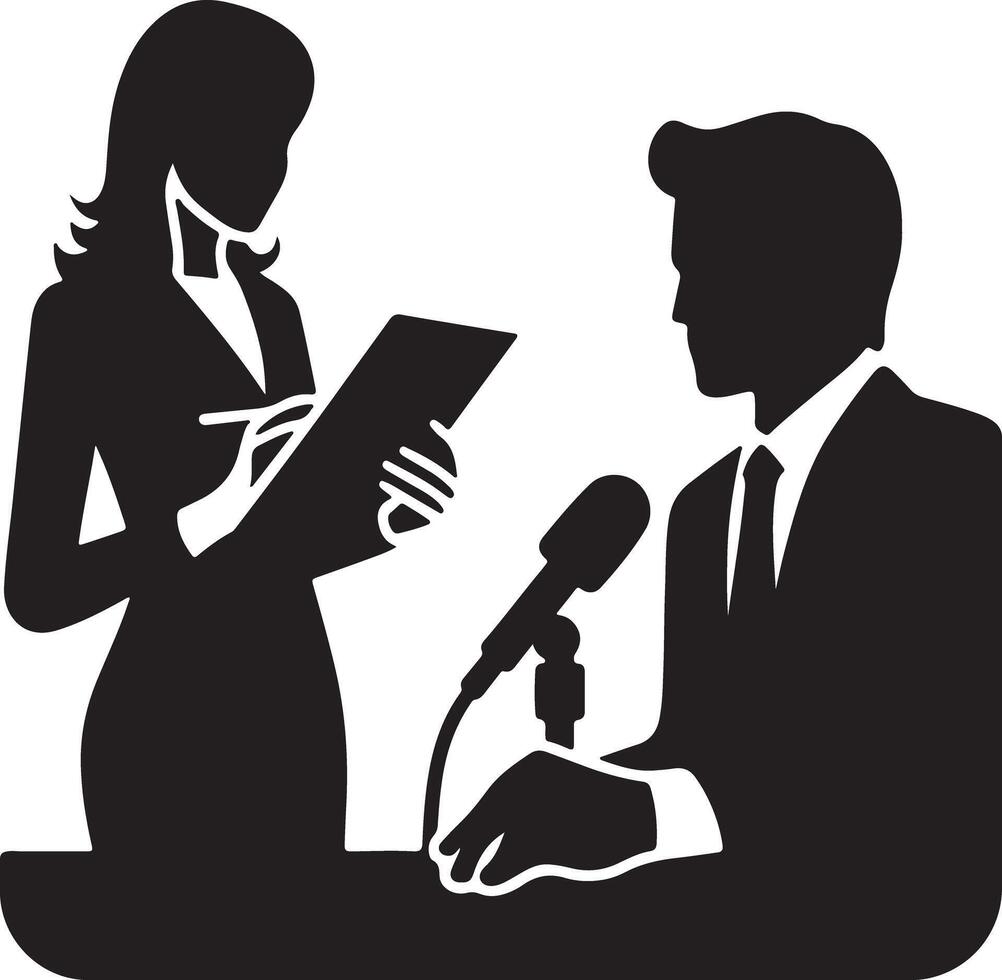 Illustration of a man at a microphone with a woman taking notes during a press conference event vector