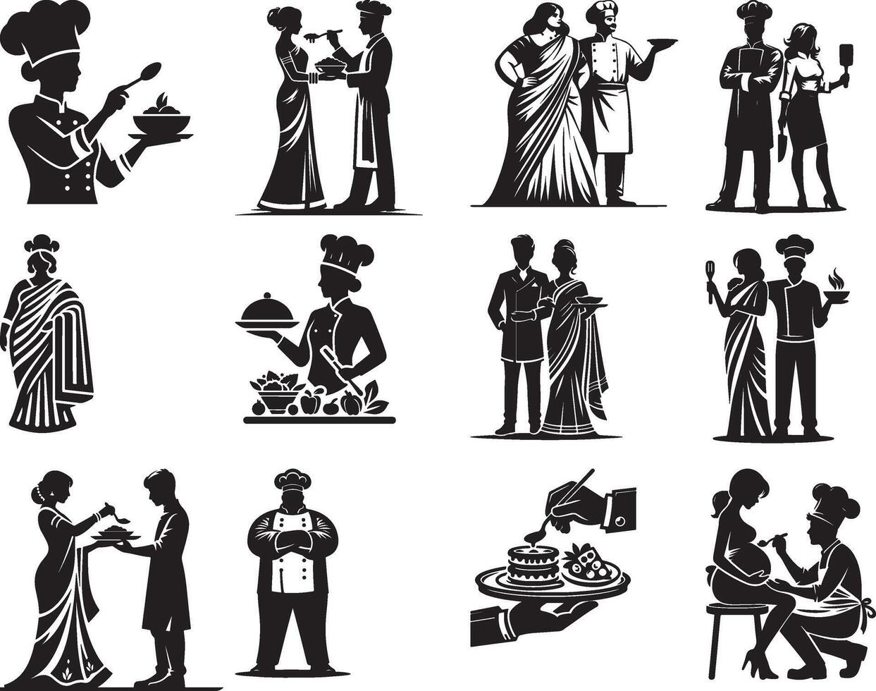 A collection of black and white illustrations depicting chefs and people in traditional attire vector